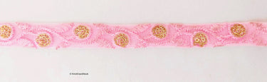 Pink Net Lace Trim In Floral Embroidery And Glitter Gold Sequins, , Wedding Trims